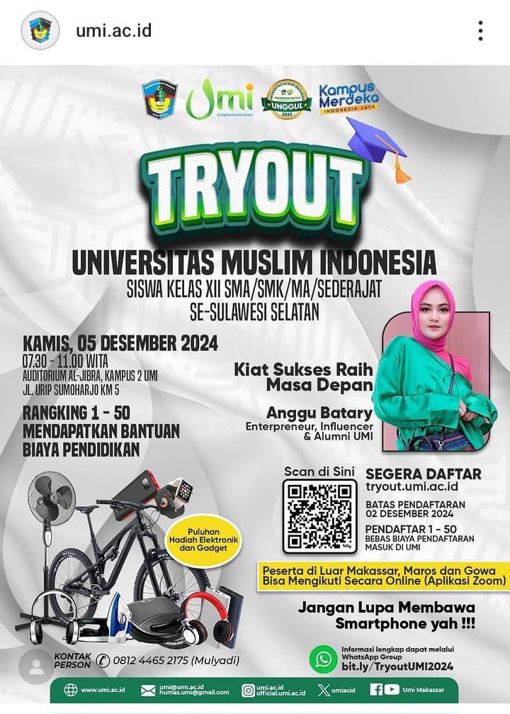 Tingkatkan Kemampuan Akademik Bagi Siswa SMA/SMK/MA/Sederajat se-Sulawesi Selatan Sambut Ujian Akhir, UMI Gelar Tryout Gratis Siapkan Bantuan Dana Pendidikan dan Puluhan Hadiah Elektronik